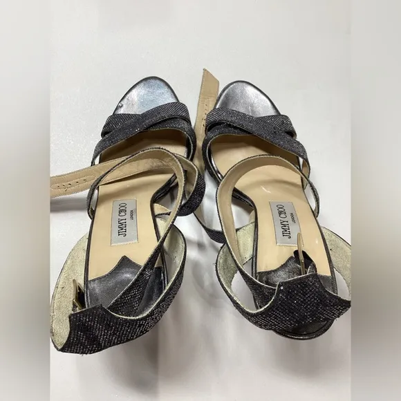 Jimmy Choo Vamp Metallic Silver Black Platform Heel Sandal Size EU 38.5