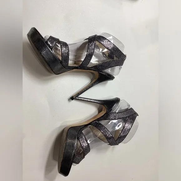 Jimmy Choo Vamp Metallic Silver Black Platform Heel Sandal Size EU 38.5