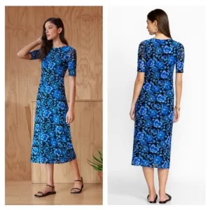 Johnny Was BLUE CALANTHE MESH MIDI DRESS Small
