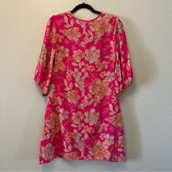 Johnny Was Jade VESNA Tunic Mini Silk Dress, Puff Sleeves Size Small Pink Multi