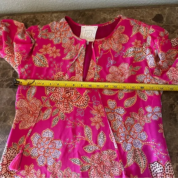 Johnny Was Jade VESNA Tunic Mini Silk Dress, Puff Sleeves Size Small Pink Multi