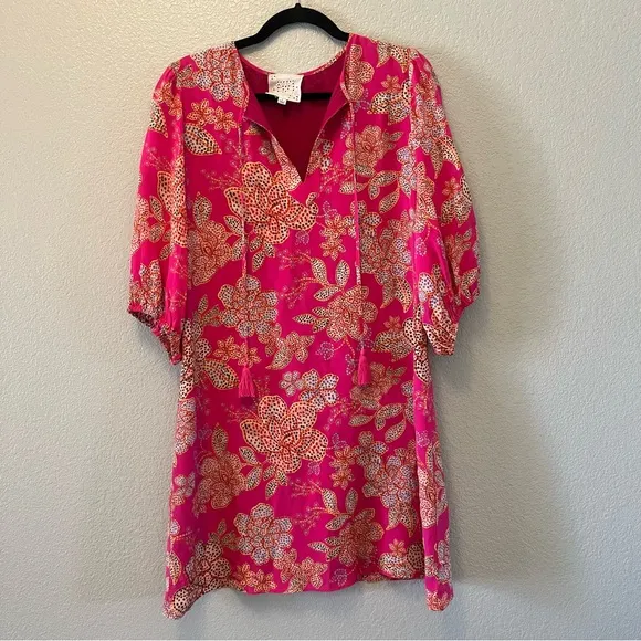 Johnny Was Jade VESNA Tunic Mini Silk Dress, Puff Sleeves Size Small Pink Multi