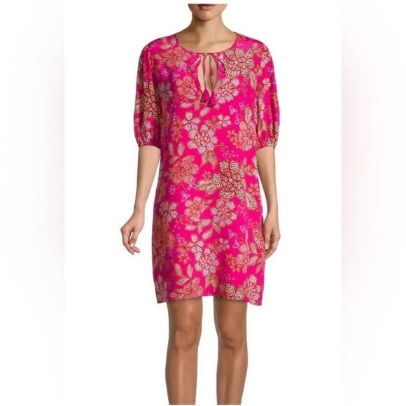Johnny Was Jade VESNA Tunic Mini Silk Dress, Puff Sleeves Size Small Pink Multi