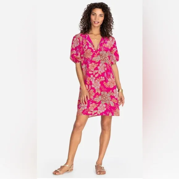 Johnny Was Jade VESNA Tunic Mini Silk Dress, Puff Sleeves Size Small Pink Multi