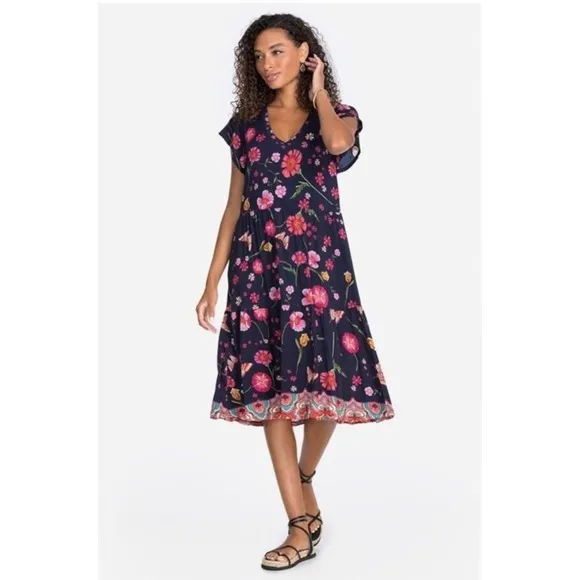 Johnny Was Lindero V-neck Tiered Dress Multi Color Size XLarge