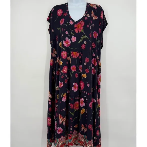 Johnny Was Lindero V-neck Tiered Dress Multi Color Size XLarge