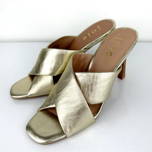 Joie Women's Luce Stacked Heel Crisscross Strap Leather Sandals Gold Size 7