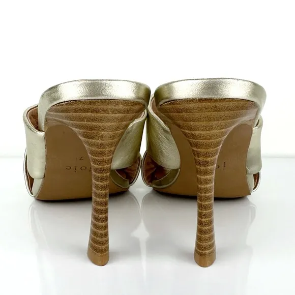 Joie Women's Luce Stacked Heel Crisscross Strap Leather Sandals Gold Size 7