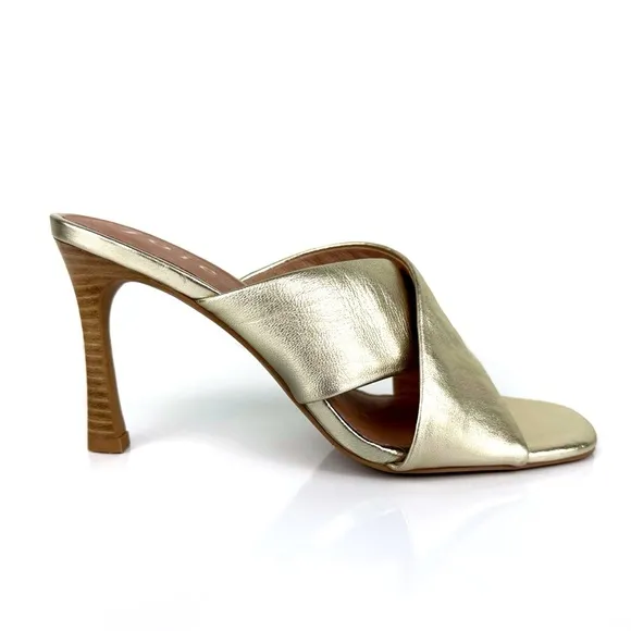 Joie Women's Luce Stacked Heel Crisscross Strap Leather Sandals Gold Size 7