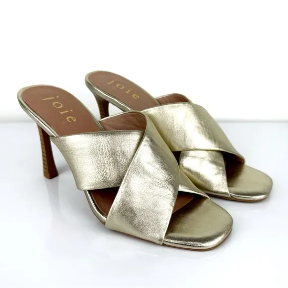 Joie Women's Luce Stacked Heel Crisscross Strap Leather Sandals Gold Size 7