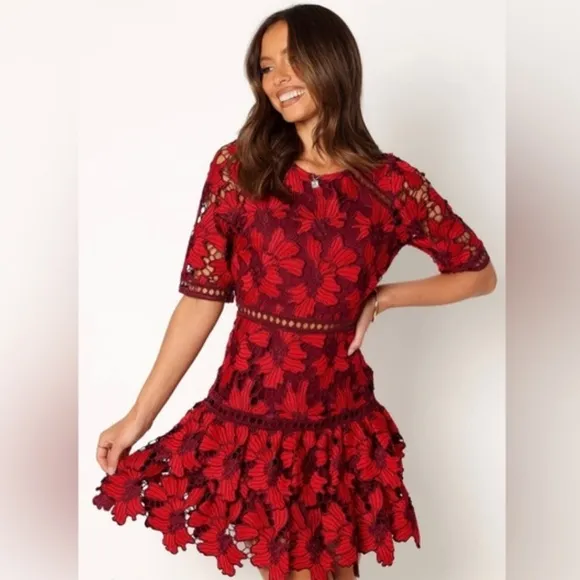 Just Me Embroidered Cutout Floral Lace Tiered Ruffed Dress Formal Party Womens S