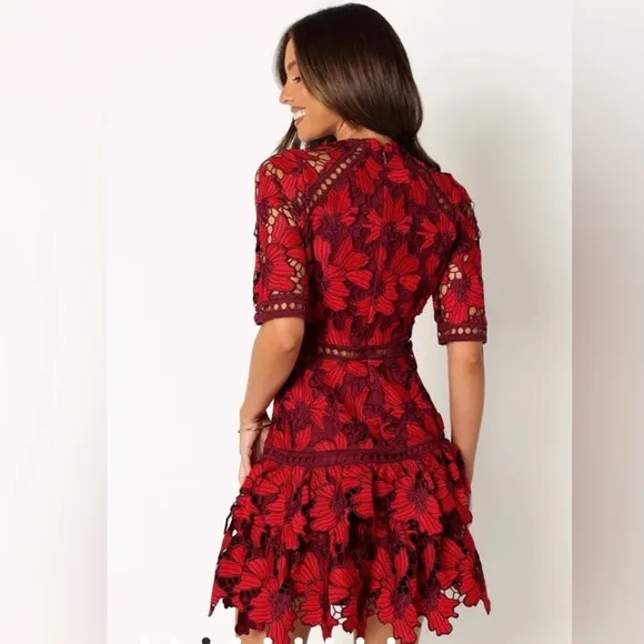 Just Me Embroidered Cutout Floral Lace Tiered Ruffed Dress Formal Party Womens S