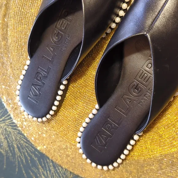 Karl Lagerfeld NEW Black Pearl-Trimmed Mules