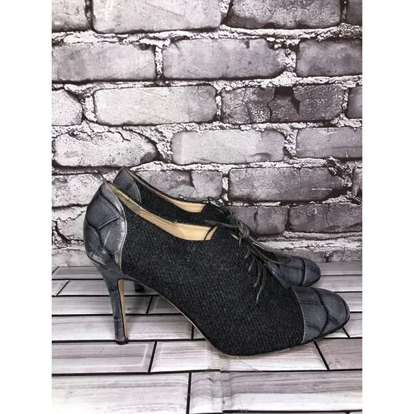 Kate Spade Gray Crocodile Leather Wool Tassel Lace-Up Oxford Heels Women Sz 9.5B