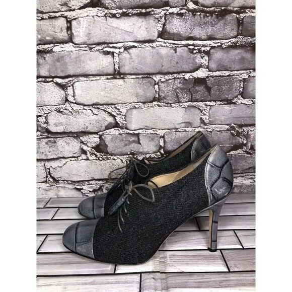 Kate Spade Gray Crocodile Leather Wool Tassel Lace-Up Oxford Heels Women Sz 9.5B