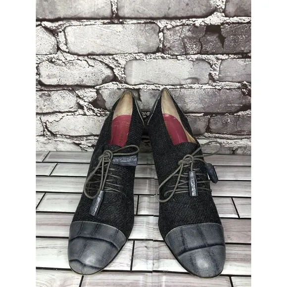 Kate Spade Gray Crocodile Leather Wool Tassel Lace-Up Oxford Heels Women Sz 9.5B