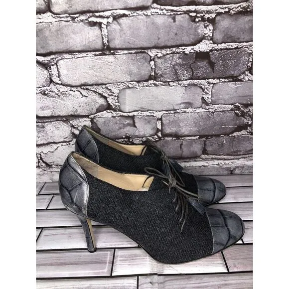 Kate Spade Gray Crocodile Leather Wool Tassel Lace-Up Oxford Heels Women Sz 9.5B