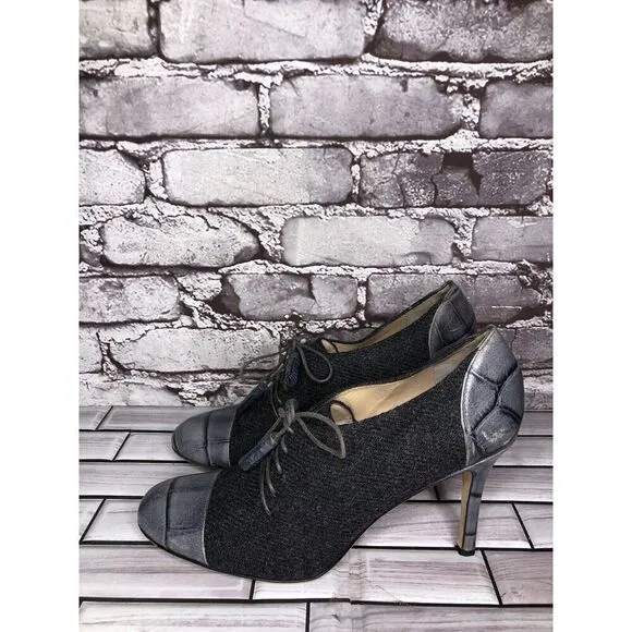 Kate Spade Gray Crocodile Leather Wool Tassel Lace-Up Oxford Heels Women Sz 9.5B