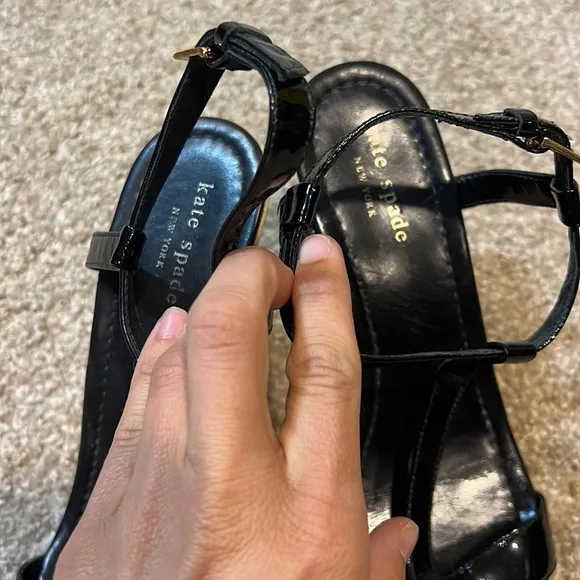 Kate Spade New York Black Patent Leather, T-Strap Sandals, Wedge Heels