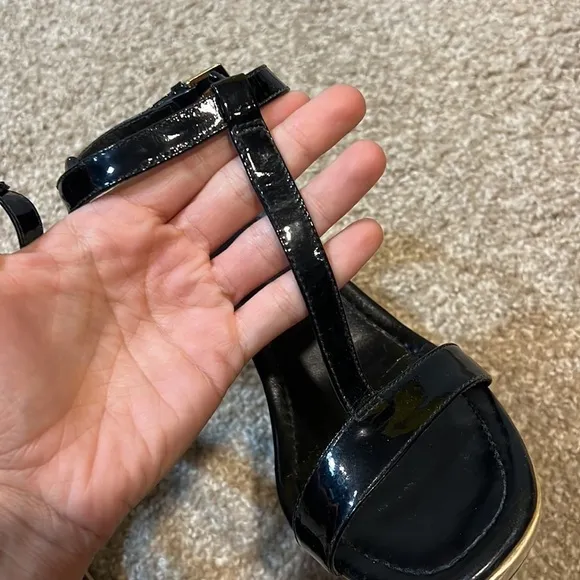 Kate Spade New York Black Patent Leather, T-Strap Sandals, Wedge Heels