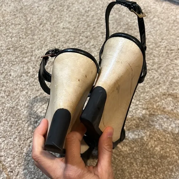 Kate Spade New York Black Patent Leather, T-Strap Sandals, Wedge Heels