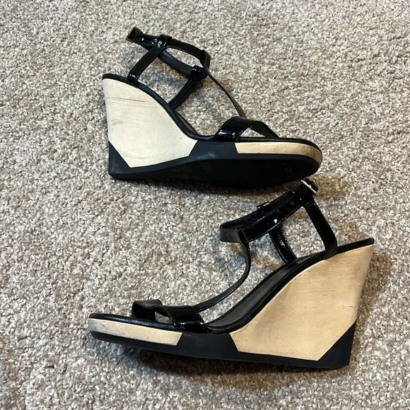 Kate Spade New York Black Patent Leather, T-Strap Sandals, Wedge Heels