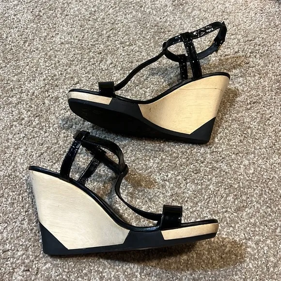 Kate Spade New York Black Patent Leather, T-Strap Sandals, Wedge Heels
