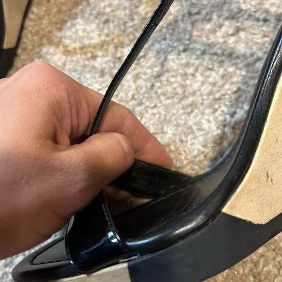 Kate Spade New York Black Patent Leather, T-Strap Sandals, Wedge Heels