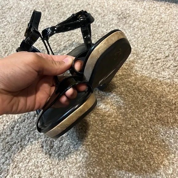 Kate Spade New York Black Patent Leather, T-Strap Sandals, Wedge Heels