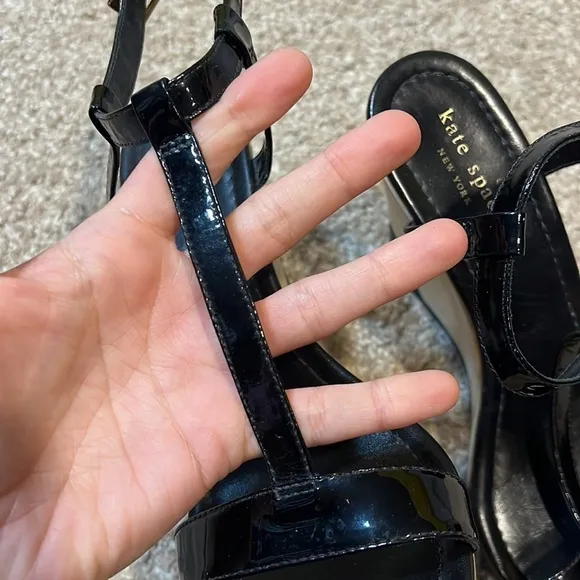 Kate Spade New York Black Patent Leather, T-Strap Sandals, Wedge Heels