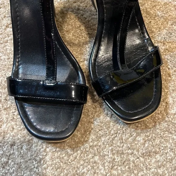 Kate Spade New York Black Patent Leather, T-Strap Sandals, Wedge Heels