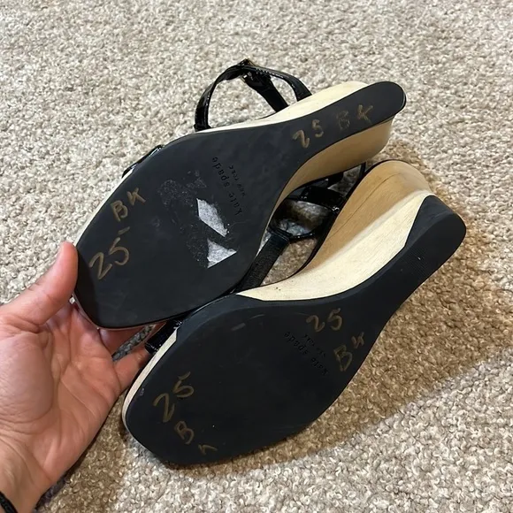 Kate Spade New York Black Patent Leather, T-Strap Sandals, Wedge Heels