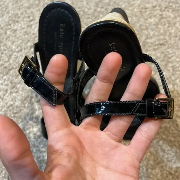 Kate Spade New York Black Patent Leather, T-Strap Sandals, Wedge Heels