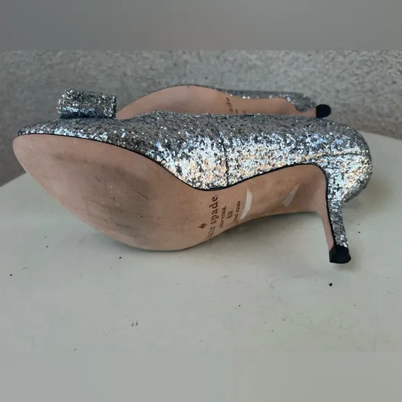 Kate Spade NY KRYSTA pumps shoes 3” heel silver glitter bows Sz 6M