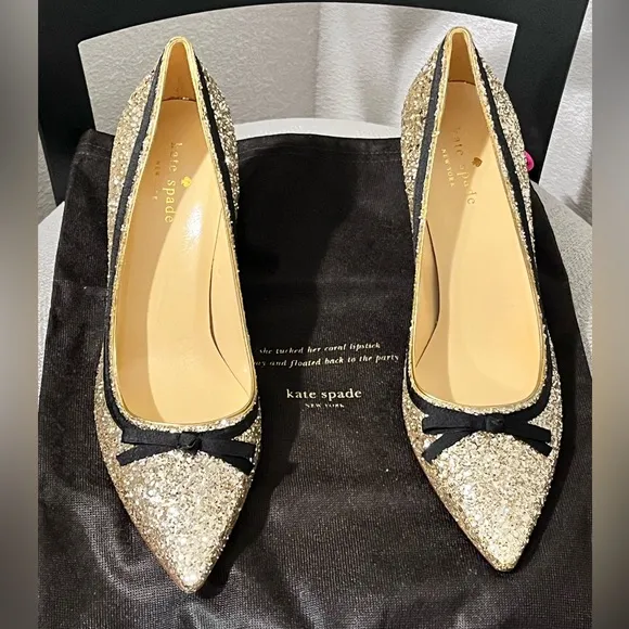 KATE SPADE NY NIB AUTHENTIC LIGHT GOLD SPARKLING GLITTER POINTED TOES PUMPS
