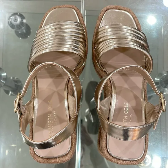 Kenneth Cole gold bracelet strap ankle strap rope platform wedge gold buckle 8