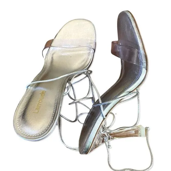 Larroude Gloria Silver Lucite High Heels Lace up Tie Shoes Revolve New sz 7.5