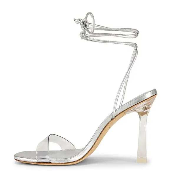 Larroude Gloria Silver Lucite High Heels Lace up Tie Shoes Revolve New sz 7.5