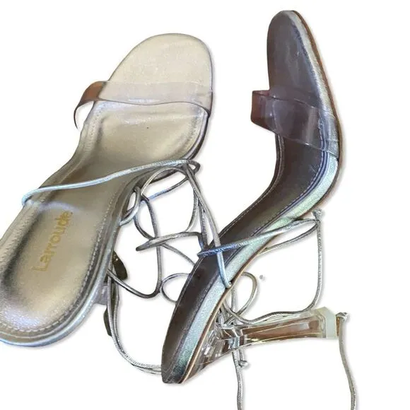 Larroude Gloria Silver Lucite High Heels Lace up Tie Shoes Revolve New sz 7.5