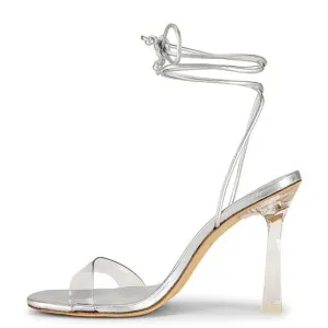 Larroude Gloria Silver Lucite High Heels Lace up Tie Shoes Revolve New sz 7.5