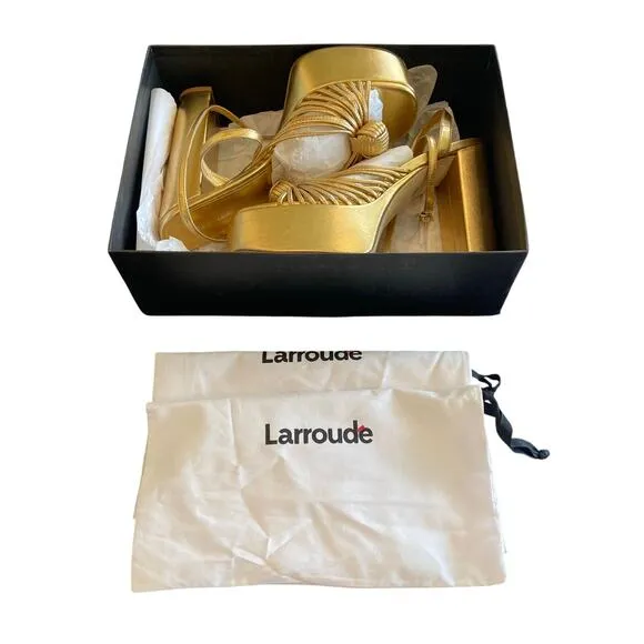 Larroude Valerie Knotted Platform Sandals Strappy Block Heel Party Gold Sz 11