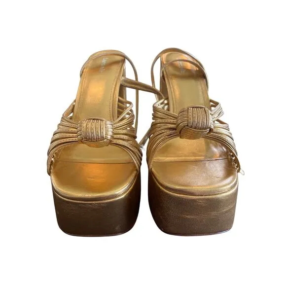 Larroude Valerie Knotted Platform Sandals Strappy Block Heel Party Gold Sz 11