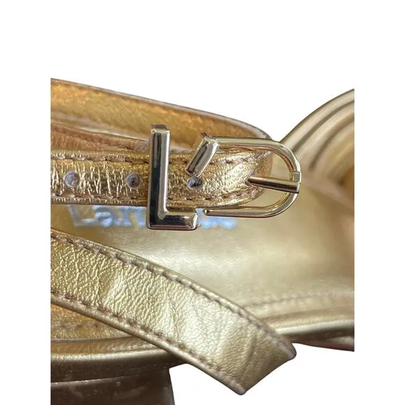 Larroude Valerie Knotted Platform Sandals Strappy Block Heel Party Gold Sz 11