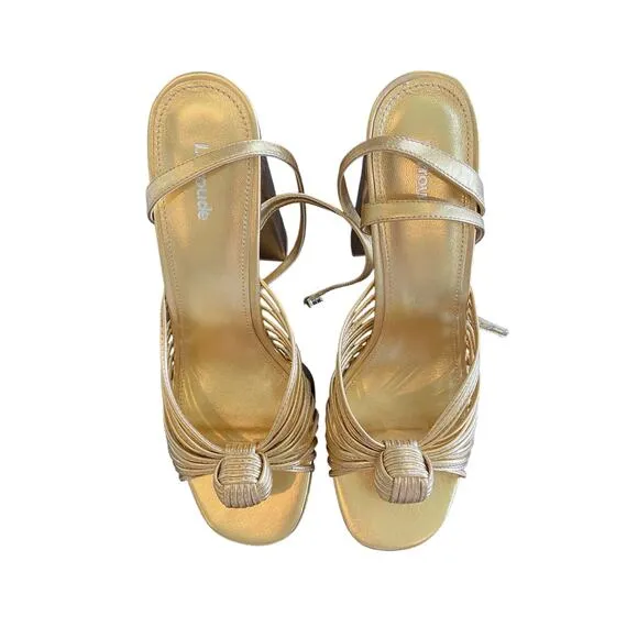 Larroude Valerie Knotted Platform Sandals Strappy Block Heel Party Gold Sz 11