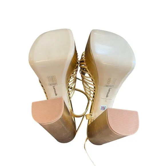 Larroude Valerie Knotted Platform Sandals Strappy Block Heel Party Gold Sz 11