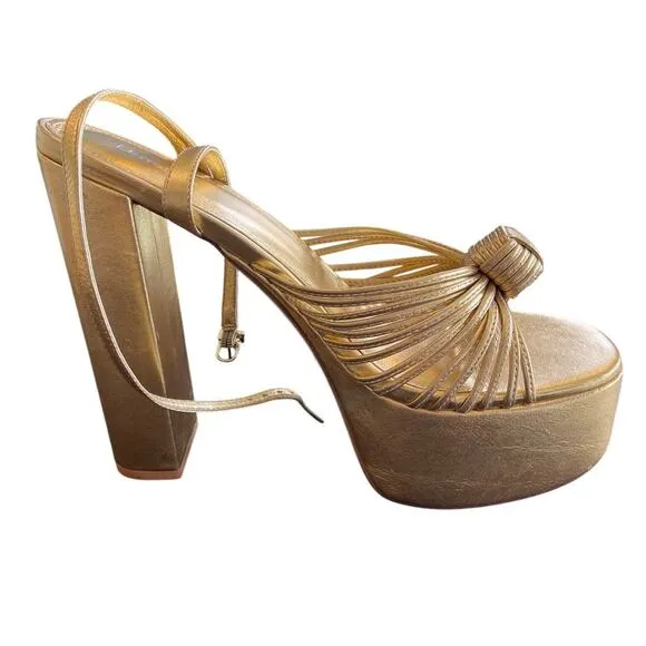 Larroude Valerie Knotted Platform Sandals Strappy Block Heel Party Gold Sz 11