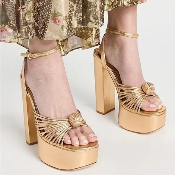 Larroude Valerie Knotted Platform Sandals Strappy Block Heel Party Gold Sz 11
