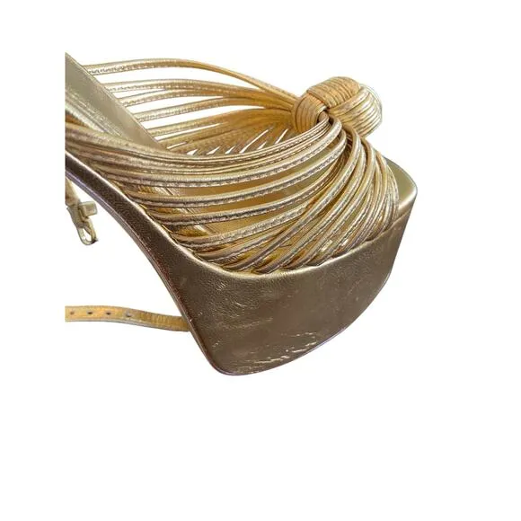 Larroude Valerie Knotted Platform Sandals Strappy Block Heel Party Gold Sz 11