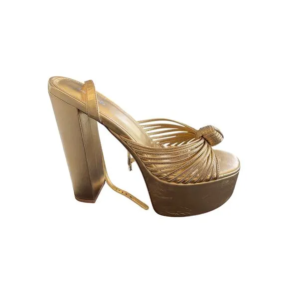 Larroude Valerie Knotted Platform Sandals Strappy Block Heel Party Gold Sz 11
