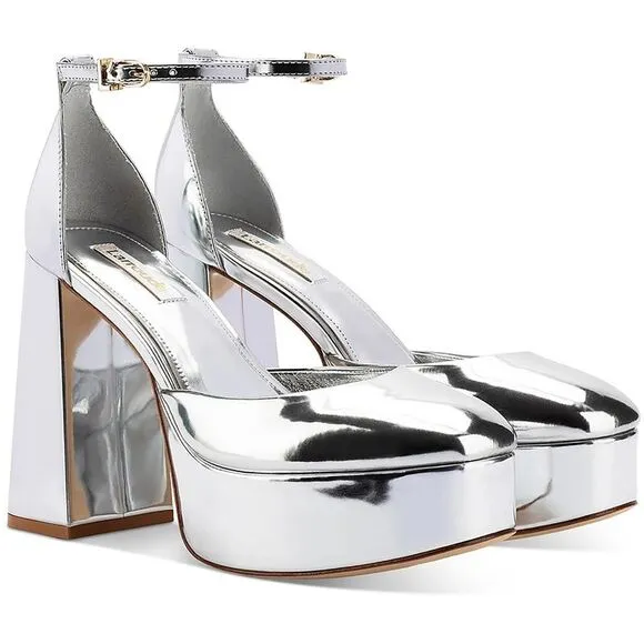 Larroude Womens Ari Silver Square Toe Ankle Strap Pumps Block Heels Shoes New